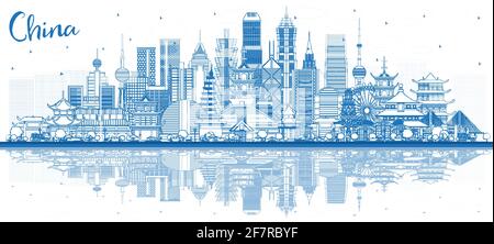 Outline China City Skyline with Blue Buildings and Reflections. Famous Landmarks in China. Vector Illustration. Travel and Tourism Concept. Stock Vector