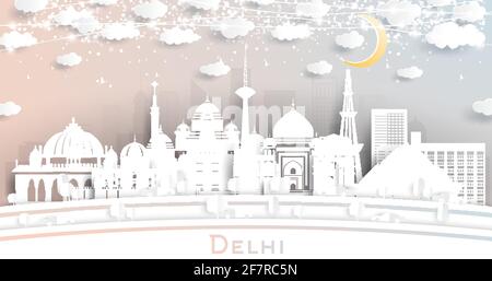 Delhi India City Skyline in Paper Cut Style with White Buildings, Moon and Neon Garland. Vector Illustration. Business Travel and Tourism Concept. Stock Vector