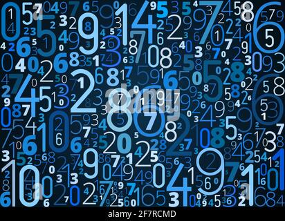 Many numbers different sizes vector pattern blue background Stock Vector
