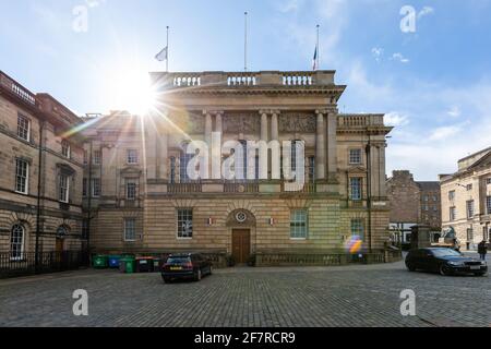 Edinburgh, UK. 9th Apr 2021. Flags on The Consulate General of France in Edinburgh fly at half mast after the announcement of the death of Prince Philip The Duke of Edinburgh Credit: David Coulson/Alamy Live News Stock Photo