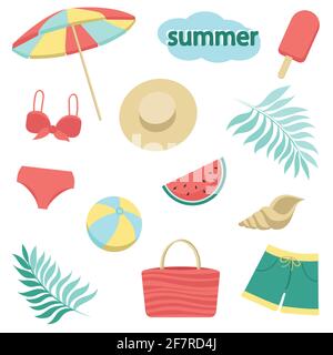 Summer items set, accessories. Beach umbrella, watermelon, ice cream, hat, swimsuit, shorts, ball, shell, bag and leaves. Modern vector flat image des Stock Vector