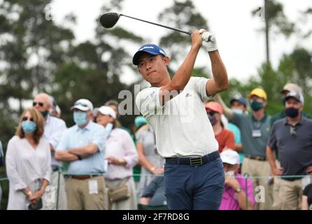 Augusta, United States. 09th Apr, 2021. Collin Morikawa hits a tee shot on the eighth hole during the second round of the 2021 Masters Tournament at Augusta National Golf Club in Augusta, Georgia on Friday, April 9, 2021. Photo by Kevin Dietsch/UPI Credit: UPI/Alamy Live News Stock Photo