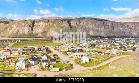 Aerial view of El Chalten, small mountain village in Santa Cruz Province within the Los Glaciares National Park at the base of Fitz Roy mountain in So Stock Photo