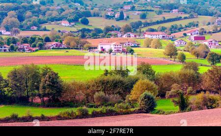 Rural village of Ainhoa in the south of France on a cloudy day. Stock Photo