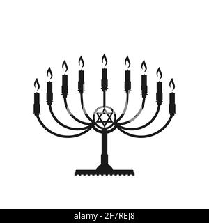 The black symbol of Menorah with nine glowing candles is isolated on a white background. The symbol is for the Hanukkah holiday. Stock Vector