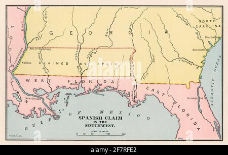 Colonial Spanish land claim along the Gulf Coast. Color lithograph