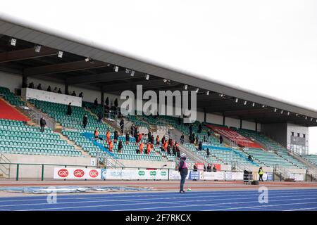 Cardiff, Wales, UK. 9th Apr, 2021. People in the stand observe a minute's silence for the Duke of Edinburgh before the friendly international match between Wales Women and Canada Women at Leckwith Stadium in Cardiff. Credit: Mark Hawkins/Alamy Live News Stock Photo