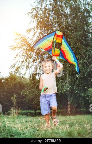 Cheerful little blonde hair boy running with a multicolored kite on the city park green grass meadow. Funny childhood with lovely toys concept image. Stock Photo