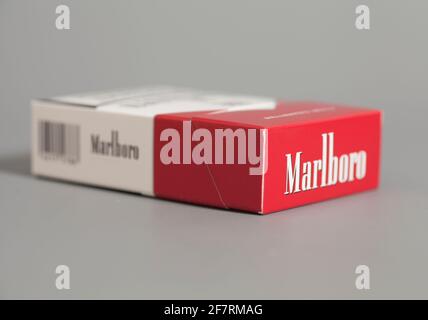 Moscow, Russia April 09,2021: Pack of Marlboro Cigarettes Stock Photo