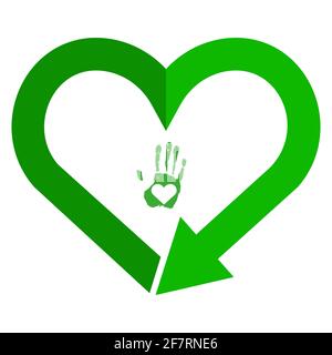 Recycling symbol in heart shape, reload sign, love earth color icon. Recycle heart flat isolated icon for web. Flat style. Vector illustration Stock Vector