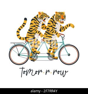 The tigers ride a tandem bike. Vector illustration on a white background. Children card, sticker, party invitation, print for teenager clothes Stock Vector