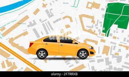 Taxi car vector app. City map gps location, top vew. Car rent mobile service, internet banner. Modern online vehicle rental technology, yellow taxi il Stock Vector