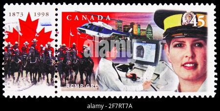 MOSCOW, RUSSIA - JANUARY 17, 2021: Postage stamp printed in Canada shows Fingerprint Technology, Royal Canadian Mounted Police, 1873-1998 serie, circa Stock Photo