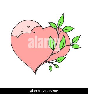 Abstraction of spring mood. Symbolic heart with sky and birds. Branch of a tree with green leaves. Vector romantic isolated illustration with contour Stock Vector