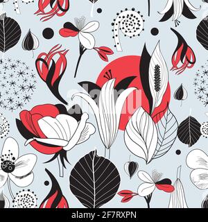 Seamless graphic pattern of different flowers and leaves on a light background. Sample design for wallpaper and fabric. Stock Vector