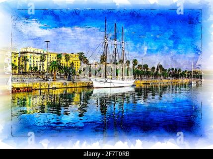 Old sailing boat near the embankment of Barceloneta. Barcelona, Spain. Sketch style illustration. Stock Photo