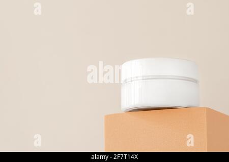 Product presentation, cosmetics brand, lotion, peptide, collagen, hyaluronic acid in white plastic jar podium pedestal showcase. Cream beauty skincare Stock Photo