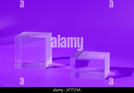 Pedestal podium neon display glass cubes with shadow and reflection Stock Photo