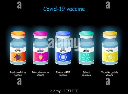 COVID-19 Vaccine types: Adenovirus vector, Inactivated virus, virus-like particle, RNA or mRNA, and Subunit vaccines. coronavirus Vaccination. Stock Vector