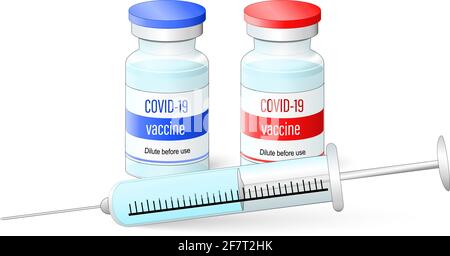 coronavirus Vaccination. vial of vaccine against virus and Medical disposable syringe with needle. COVID-19. Two dose. Vector illustration. Stock Vector