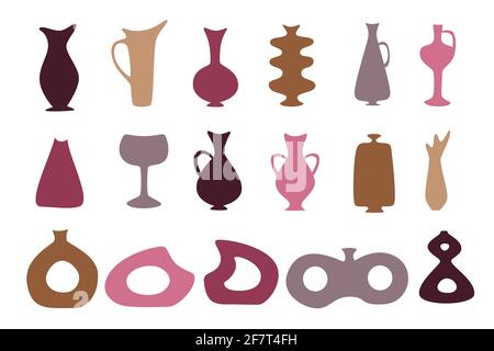 Set of color vases, bottles, urns and jars silhouettes for abstract design, simple hand drawn shapes vector illustration Stock Vector