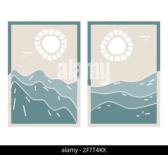 Abstract contemporary aesthetic backgrounds set with mountain landscape, seascape. Blue white tones. Boho wall decor. Scandinavian modern minimalist a Stock Vector