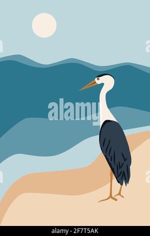 Hand drawing illustration of Grey heron on the beach, abstract sea landscape background vector illustration Stock Vector