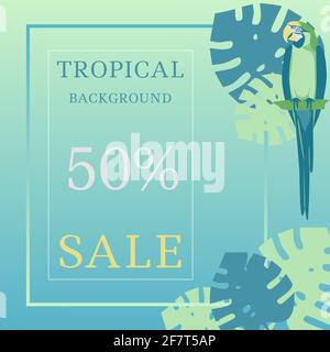 Blue parrot macaw concept on a background of tropical vegetation, banner, ad poster, summer sale template vector illustration Stock Vector