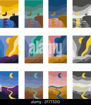 Abstract landscape colorful background. Mountain, sea, river, aurora boreal art poster set of vector illustration Stock Vector