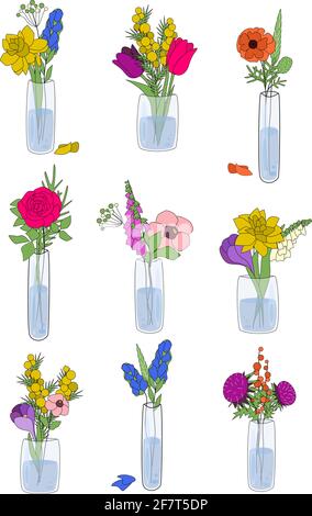 Big set of hand drawn outline flowers bouquetes in vase for design, decoration, cards, posters, invitations, web, icons. Vector illustration. Stock Vector