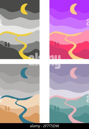 Abstract landscape colorful background. River, hills art poster set of vector illustration Stock Vector
