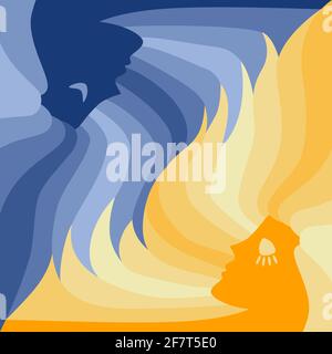 Two faces opposite each other. Could be a concept for the sun and moon, hot and cold, orange and blue, summer and winter, light and dark, day and nigh Stock Vector