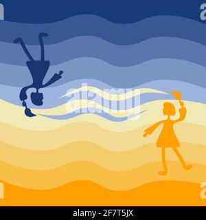 Two girls color the sky opposite each other. Could be a concept for the sun and moon, hot and cold, orange and blue, summer and winter, light and dark Stock Vector