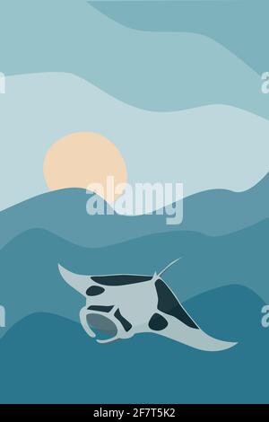 Big manta on abstract sea background. Simple hand drawn vector illustration. Underwater banner, poster, card Stock Vector