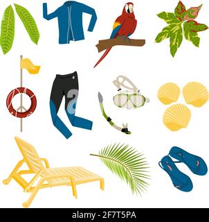 summer items set from tropical plants, parrot, swimming suit for surfing, swimming mask, snorkel, shells, sun lounger, flip flops, lifebuoy isolated, Stock Vector