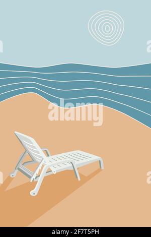 Sun lounger on the beach, abstract background seascape, waves, sun, sand, vacation for banner, poster, card vector illustration Stock Vector