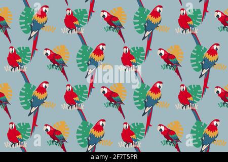 Seamless pattern with parrots and tropical leaves, fashion, wallpaper, textile, fabric design vector illustration Stock Vector