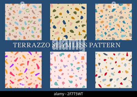 Collection of terrazzo geometric textures. Seamless patterns with colorful shapes. Creative vector illustration for backdrop, textile print, flooring Stock Vector