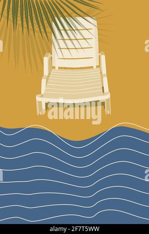 Sun lounger on the beach, abstract background seascape, waves, sun, palm, sand, vacation for banner, poster, card vector illustration Stock Vector