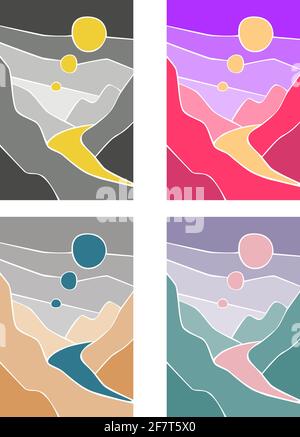 Abstract landscape colorful background. Mountains. Stained glass effect art poster set of vector illustration Stock Vector