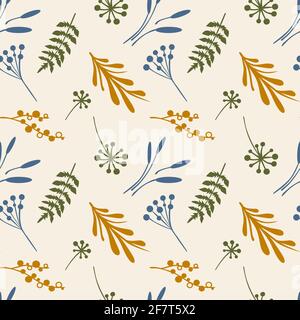 Seamless botanical pattern. Leaves and herbs. Vector design for textile, fabric Stock Vector