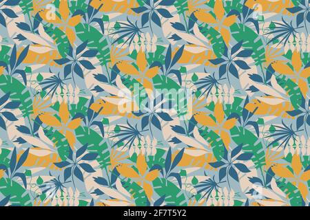 Seamless pattern with simple hand drawn tropical leaves vector illustration Stock Vector