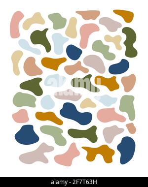 Irregular color spots, blotch, inkblot. Organic shapes. Specks, flecks graphic. Drops of liquid, pebble, stone silhouette. Ink basic simple random smo Stock Vector