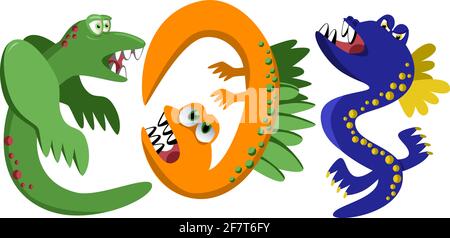 cute monsters, set of original funny cartoon monsters, toothy, emotional, color, vector illustration Stock Vector