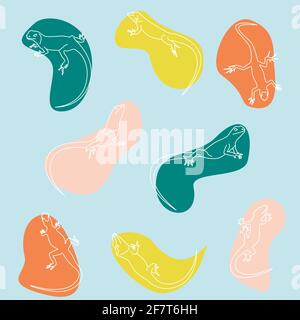 set of white outline lizardrs on colored spots, summer colors vector illustration Stock Vector