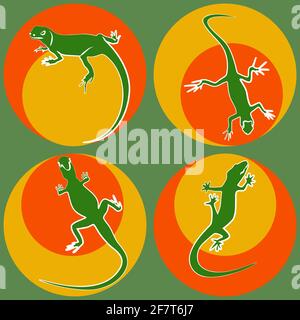set of silhouette of green lizards with white outline on bright multicilired roun spots vector illustration Stock Vector