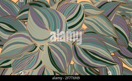 Striped purple green and copper metallic outline leaves hand drawn background vector. Luxury art deco wallpaper design for print, poster, cover, banner, fabric, wrapping. Stock Vector
