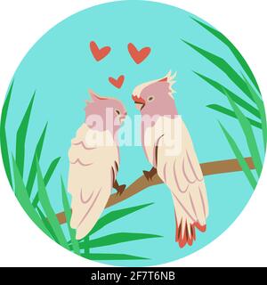 vector illustration, two parrots male and female are sitting on a branch on a blue background, surrounded by foliage, with hearts between them, couple Stock Vector