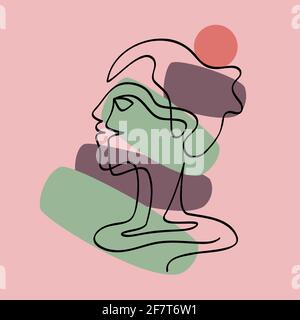 Female face one line drawing with minimal shapes, curved lines. illustration for fashion design. Abstract minimal drawing outline vector Stock Vector
