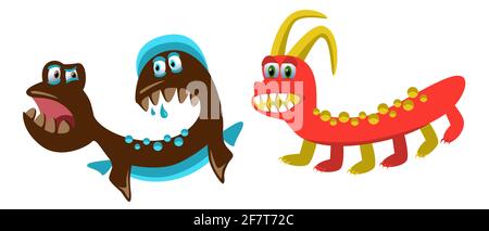 cute monsters, set of original funny cartoon monsters, toothy, emotional, color, vector illustration Stock Vector